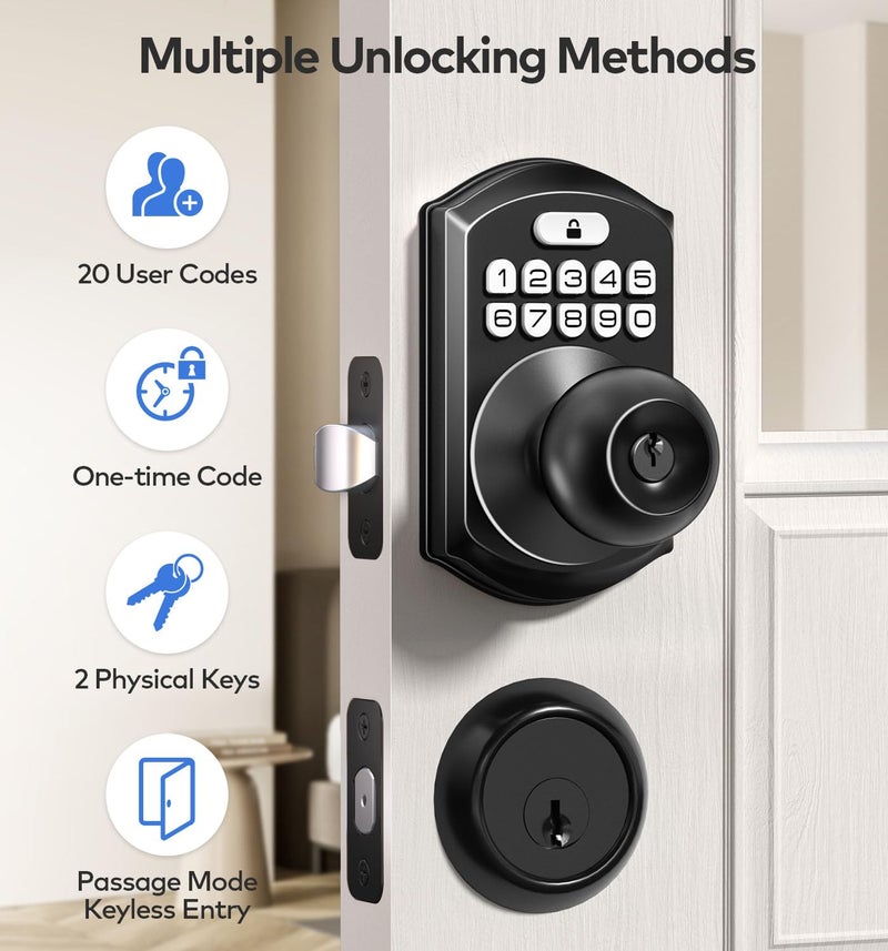 TEEHO Keyless Entry Keypad Door Lock with Handle, Electronic Digital Smart Locks for Front Door, Easy to Install Keypad Deadbolt with Code for Bedroom, Anti-Peeping Password - Matte Black - Image 2